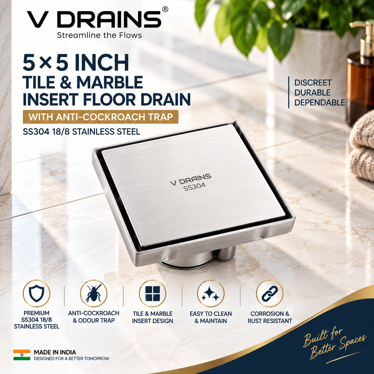 Square Tile Insert Drain (with Trap)