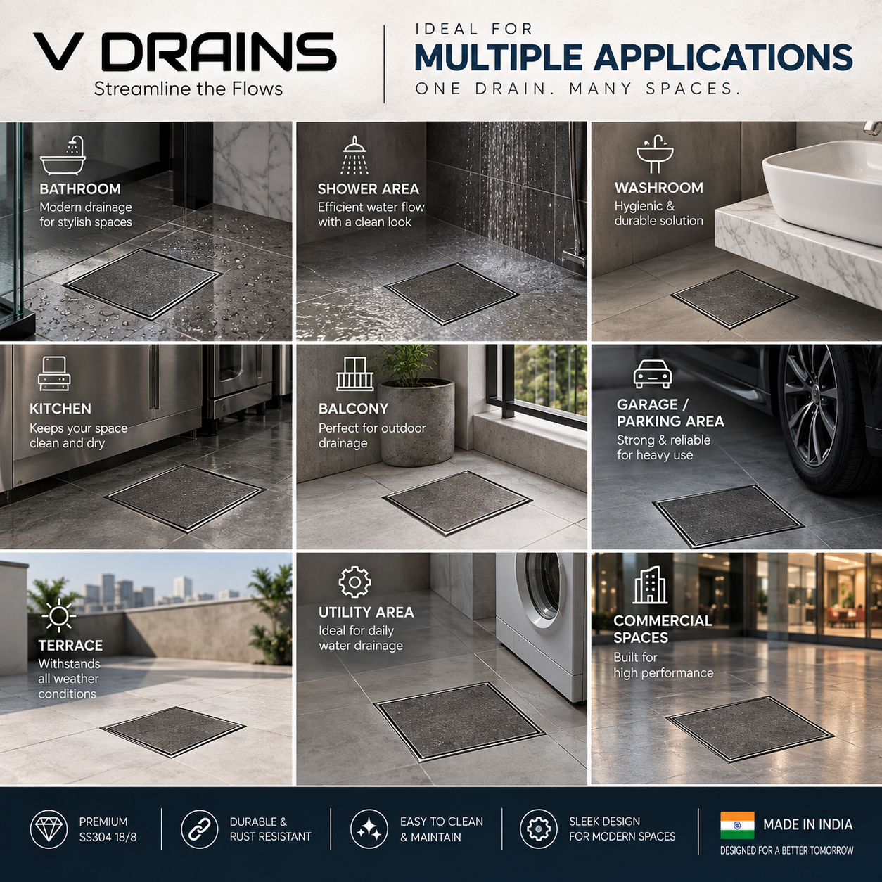 Square Tile Insert Drain (with Trap)